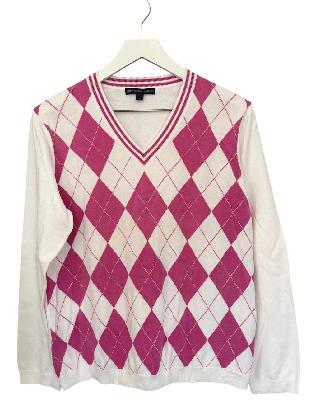 Vintage 90s 346 Brooks Brothers Pink White Argyle Sweater Academia Preppy Sz XL